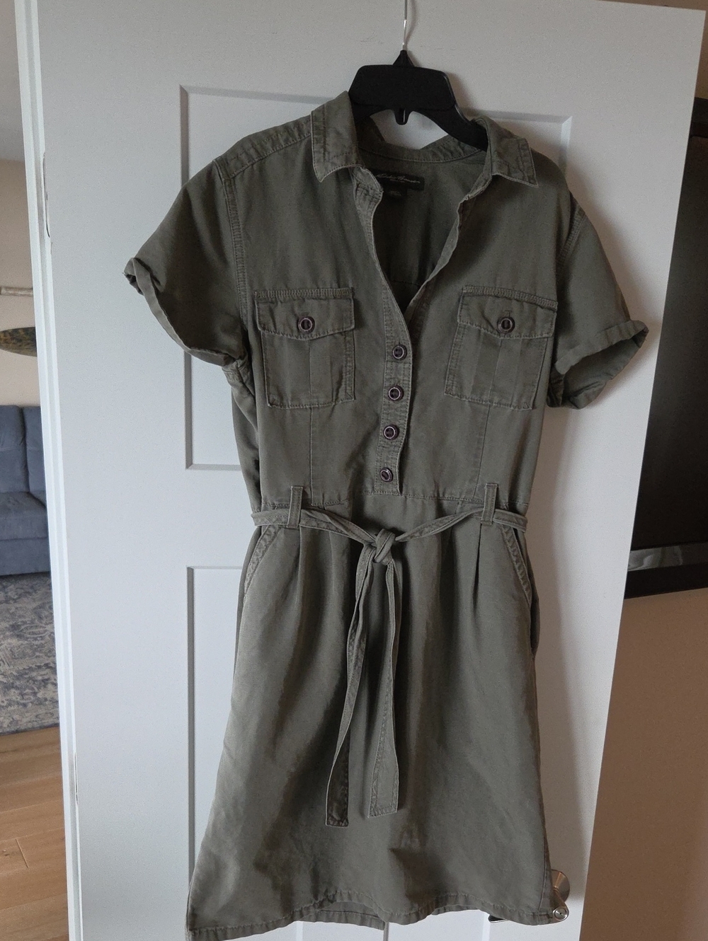 Eddie Bauer Olive Button-Front Utility Midi Dress